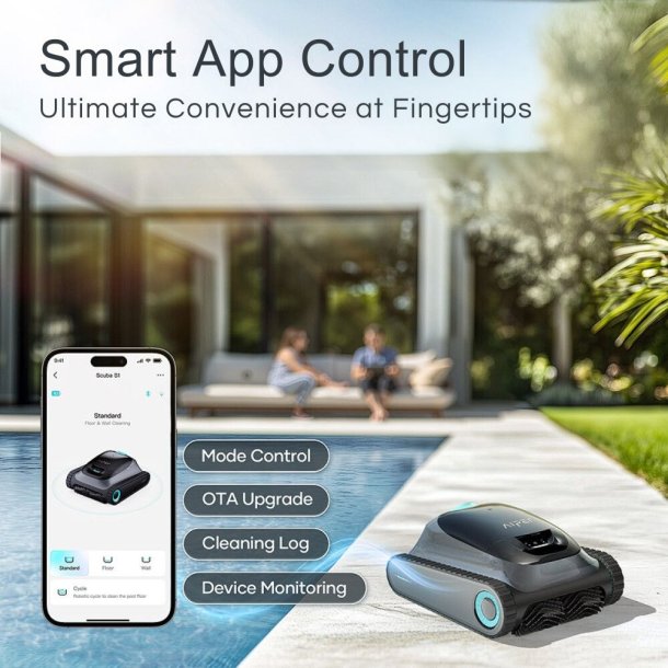 Aiper Scuba S1 Poolrobot &ndash; Tr&aring;dl&oslash;s reng&oslash;ring af bund, v&aelig;gge og vandlinje